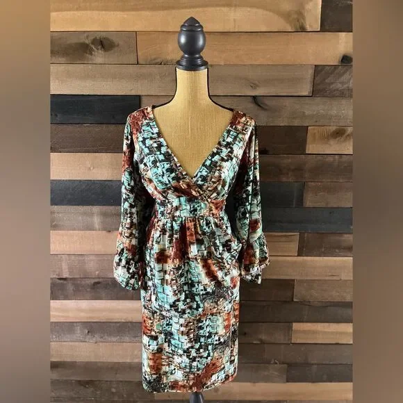 Betsey Johnson Set Shirt & Skirt Medium Brown Green Geometric Bell Sleeve Top - Picture 7 of 13